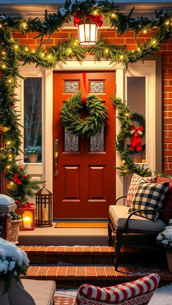 A festive front porch adorned with Christmas decorations, including a wreath, garlands, lights, and cozy seating.